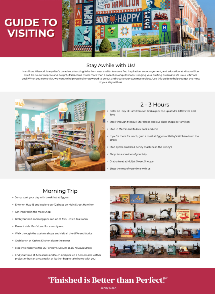 A screenshot of the Hamilton, Missouri website titled "Guide to Visiting" with white text on a red background, with photos of the destination and copy that reflects the destination positioning
